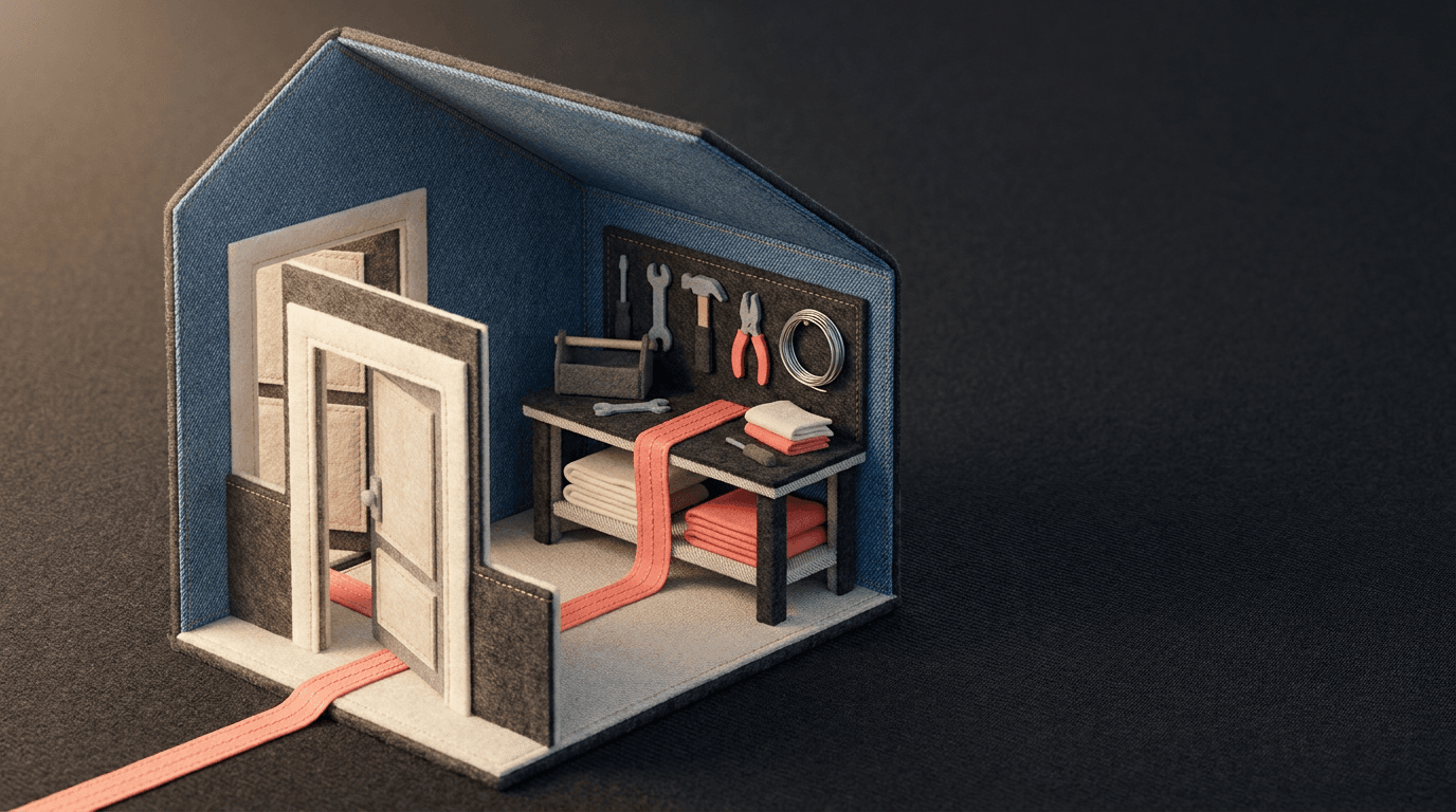 A miniature felt workshop: denim walls, an open door, tools on a pegboard, and folded cloth on a workbench. A coral path runs in through the door and up onto the bench.
